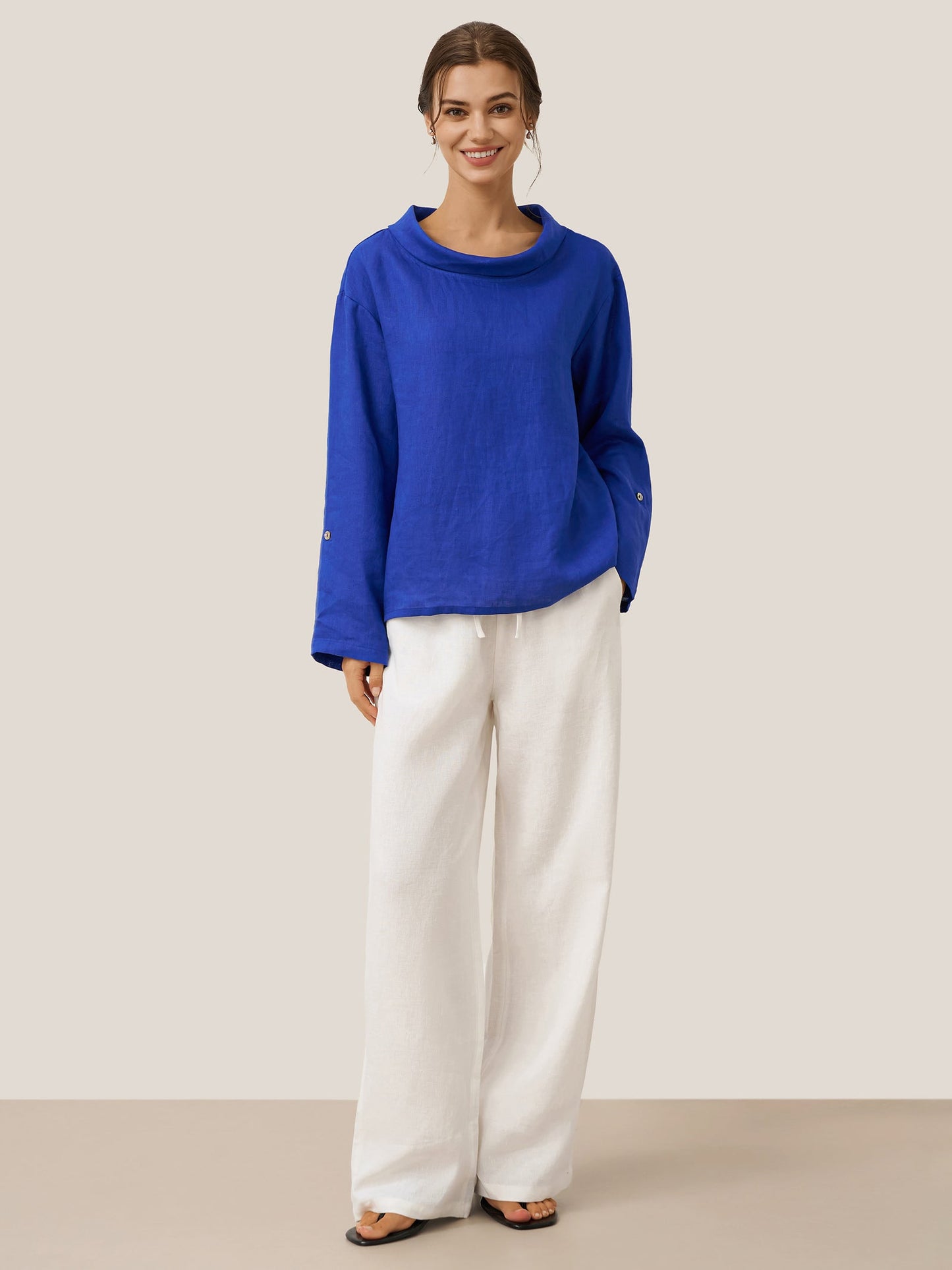 Women 100 Linen Straight Leg Drawstring Pants Casual