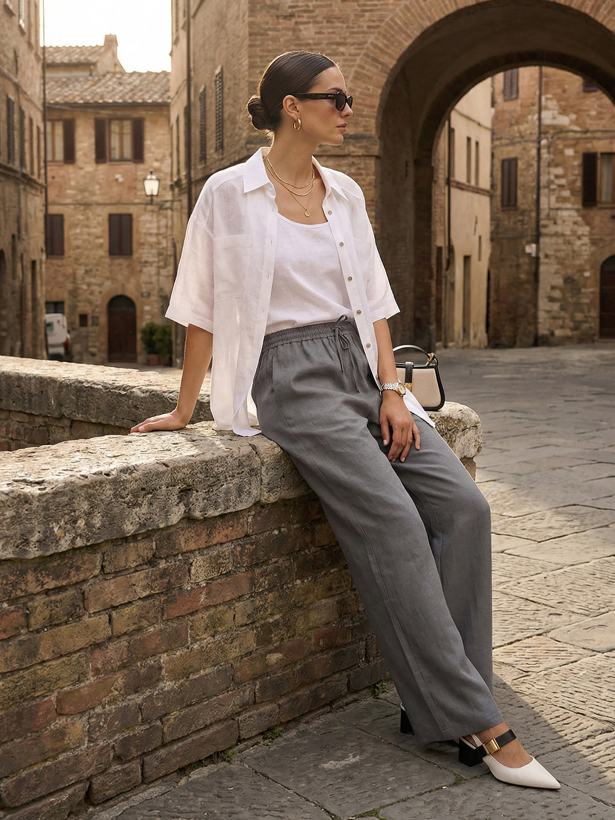 Women 100 Linen Straight Leg Drawstring Pants Casual