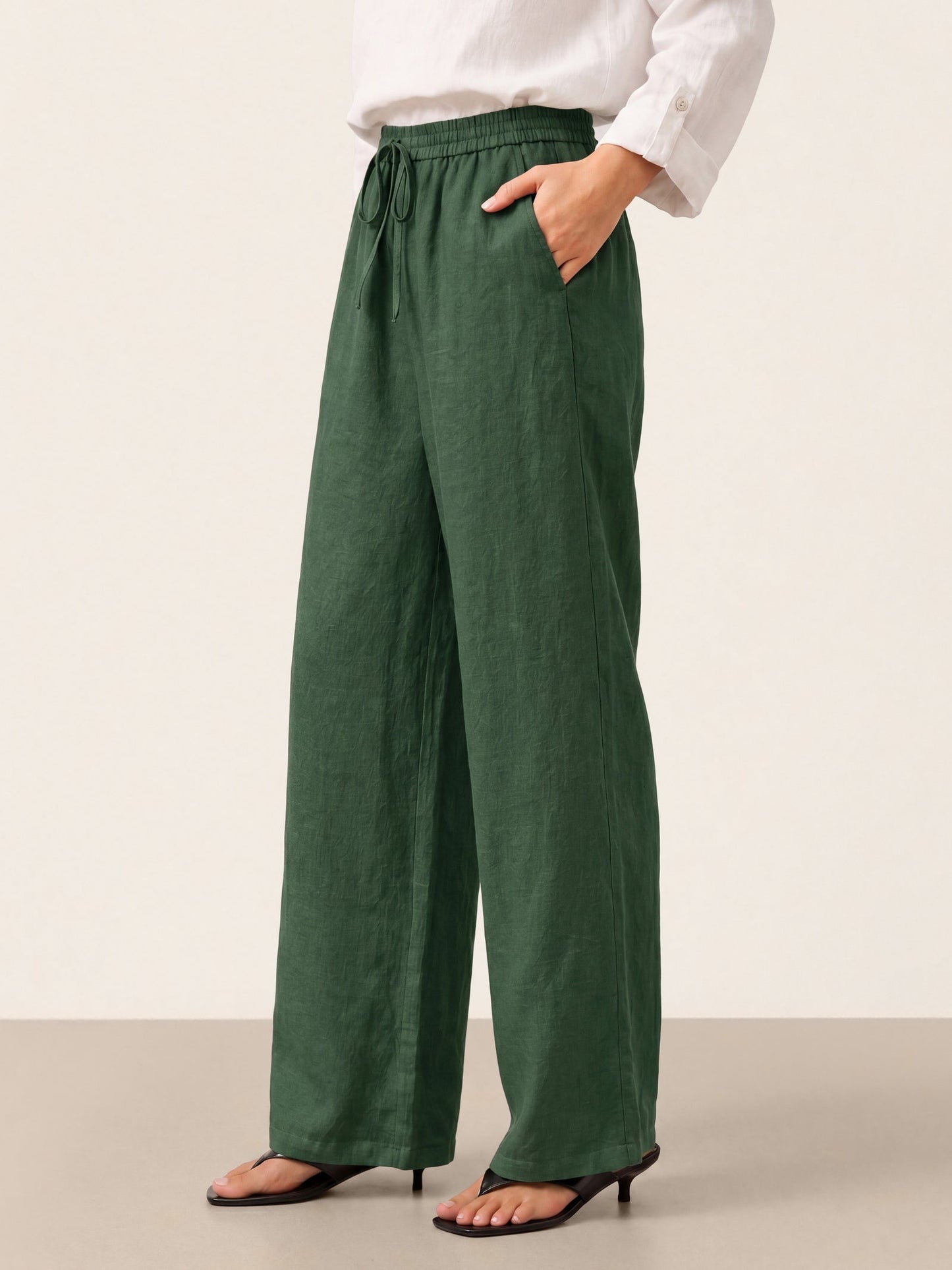 Women 100 Linen Straight Leg Drawstring Pants Casual