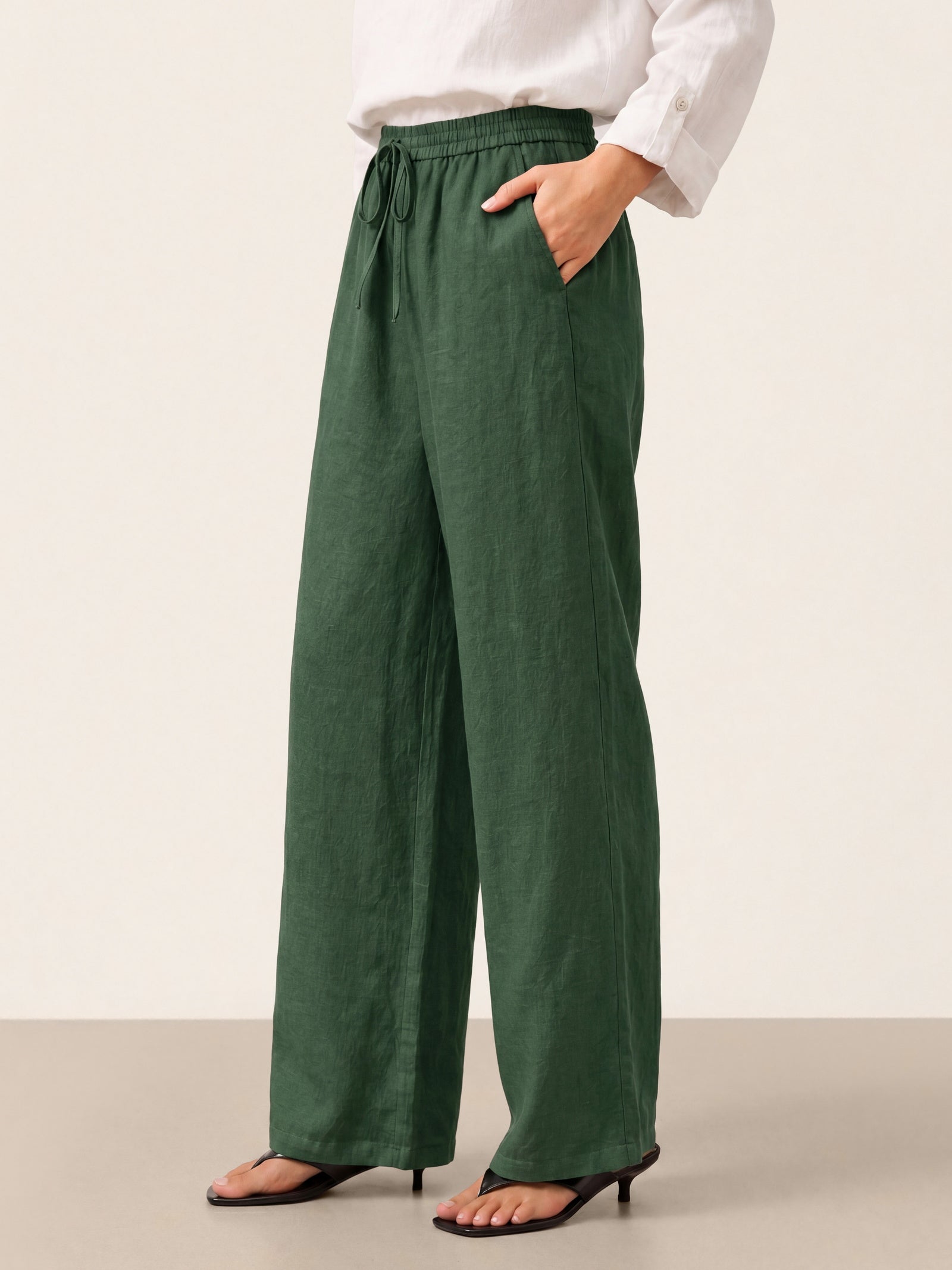 Women 100 Linen Straight Leg Drawstring Pants Casual