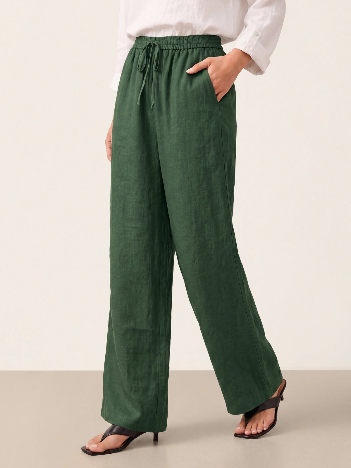 Women 100 Linen Straight Leg Drawstring Pants Casual
