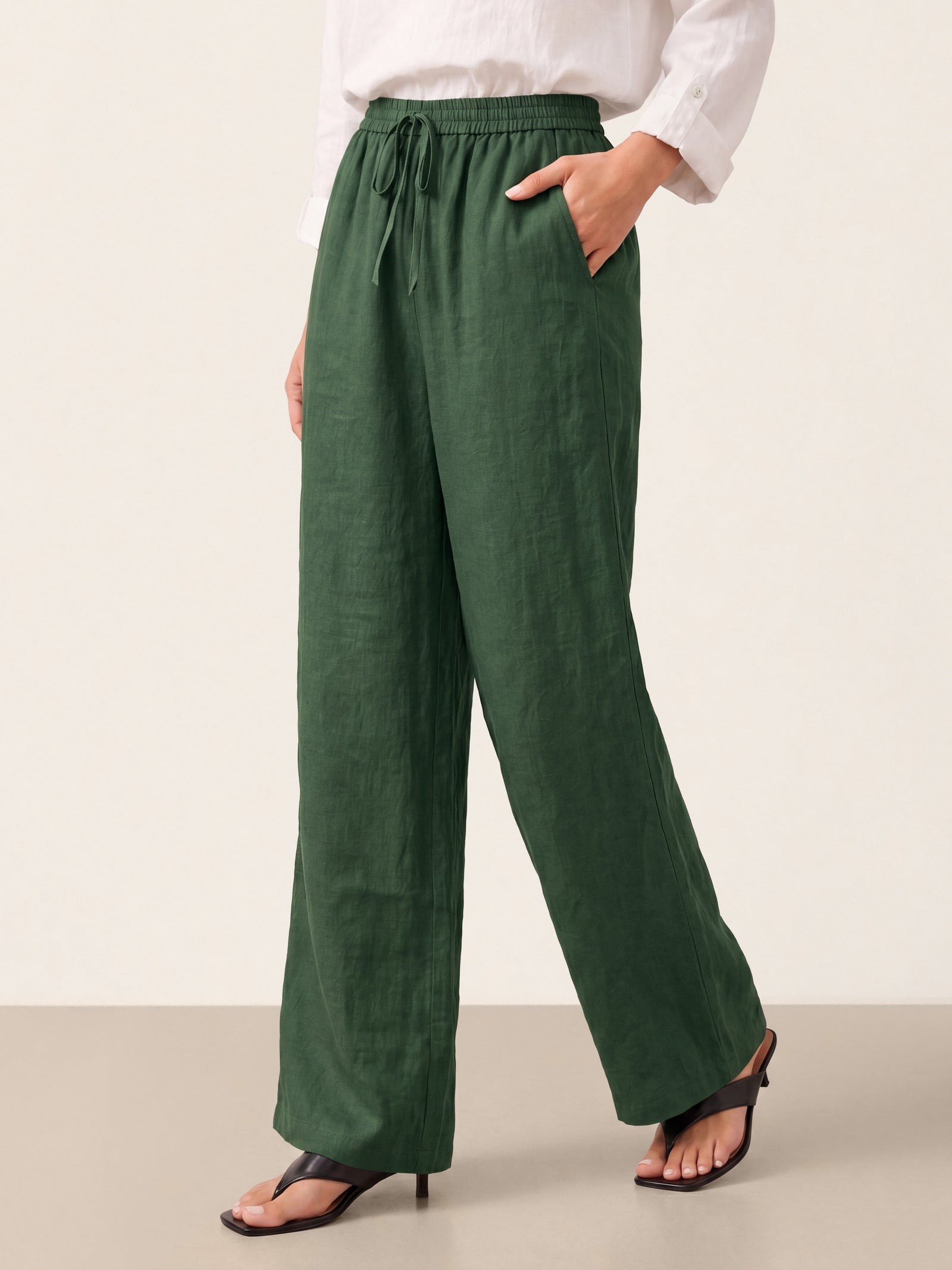 Women 100 Linen Straight Leg Drawstring Pants Casual