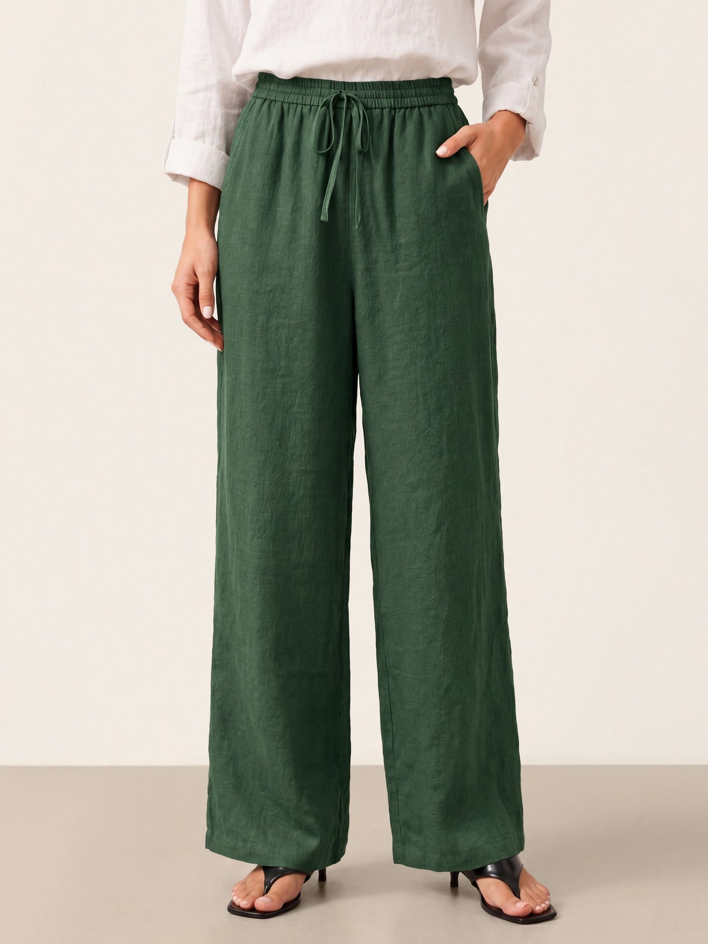 Women 100 Linen Straight Leg Drawstring Pants Casual