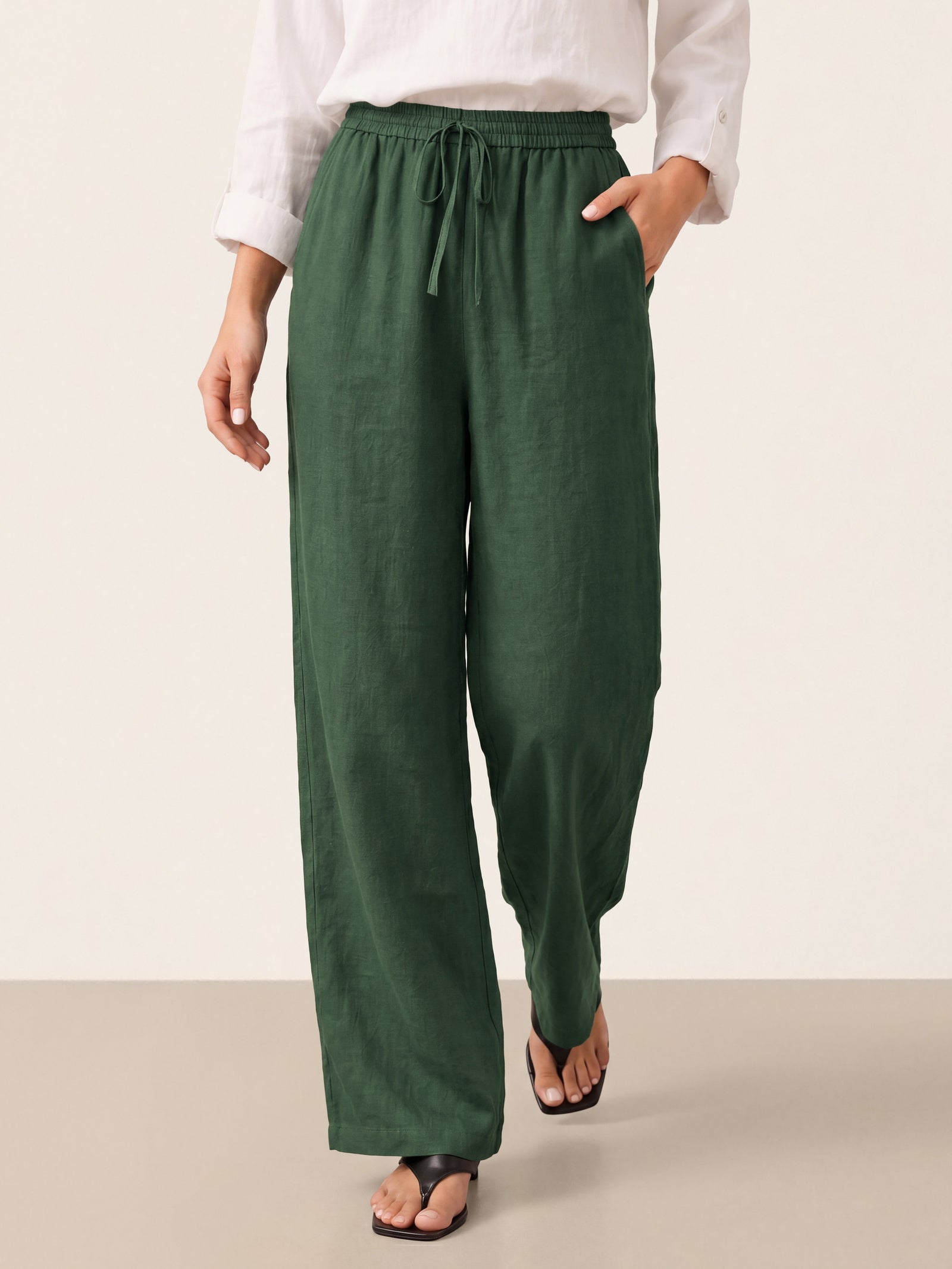 Women 100 Linen Straight Leg Drawstring Pants Casual