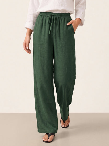 Women 100 Linen Straight Leg Drawstring Pants Casual