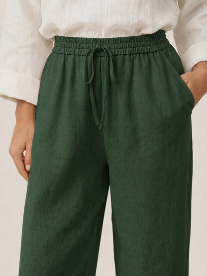 Women 100 Linen Straight Leg Drawstring Pants Casual