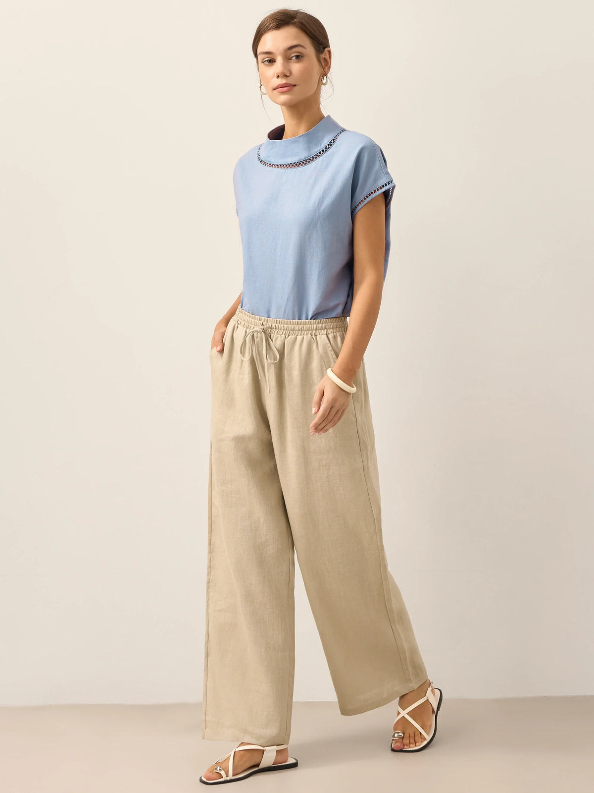 Women 100 Linen Straight Leg Drawstring Pants Casual