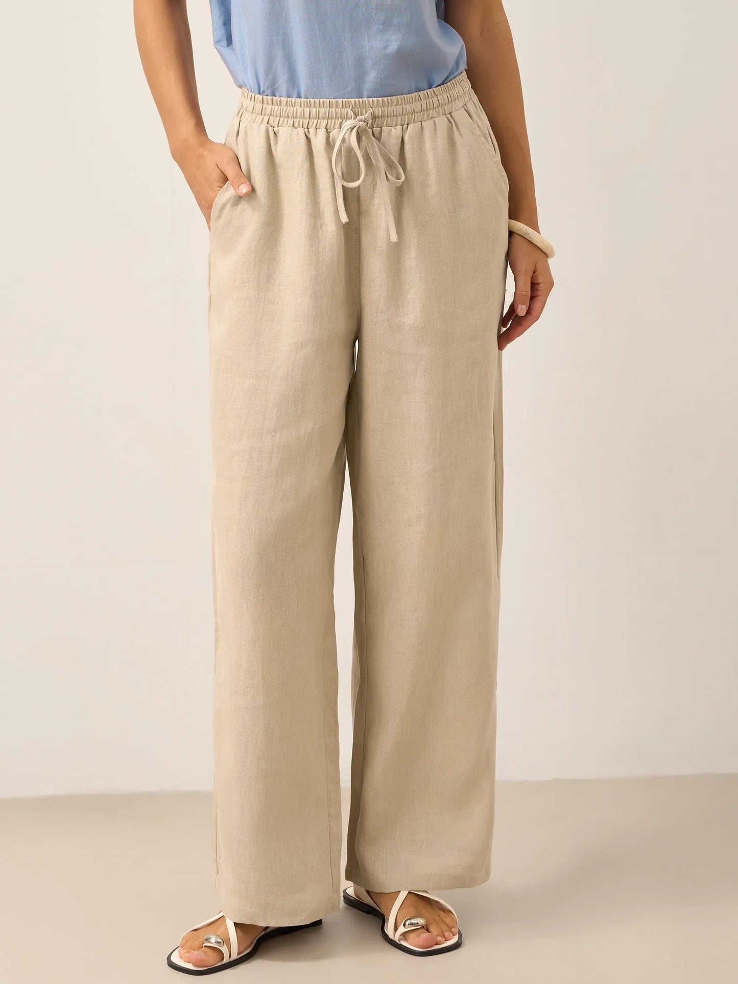 Women 100 Linen Straight Leg Drawstring Pants Casual