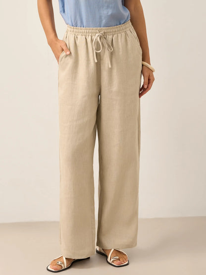 Women 100 Linen Straight Leg Drawstring Pants Casual