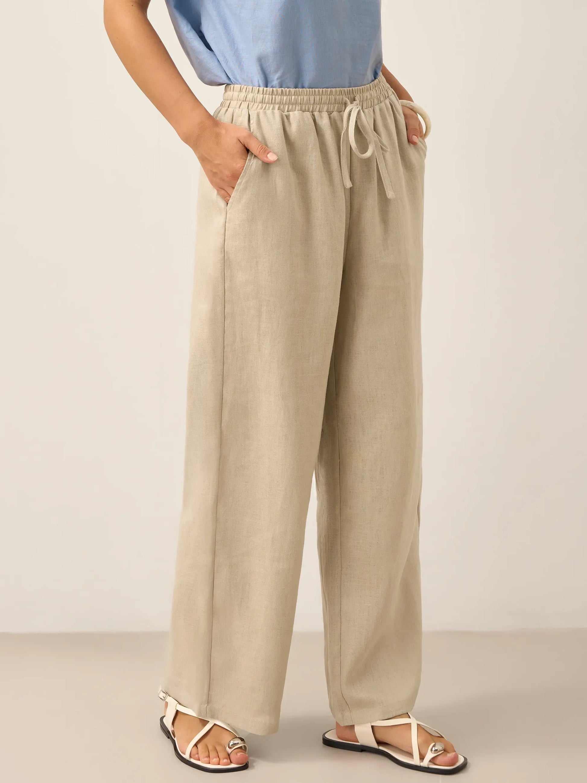 Women 100 Linen Straight Leg Drawstring Pants Casual
