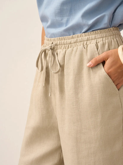 Women 100 Linen Straight Leg Drawstring Pants Casual