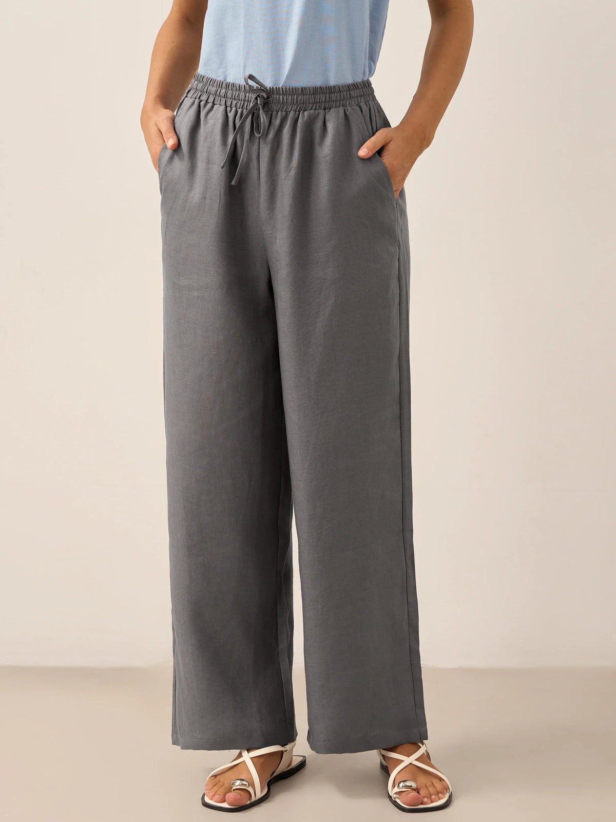 Women 100 Linen Straight Leg Drawstring Pants Casual