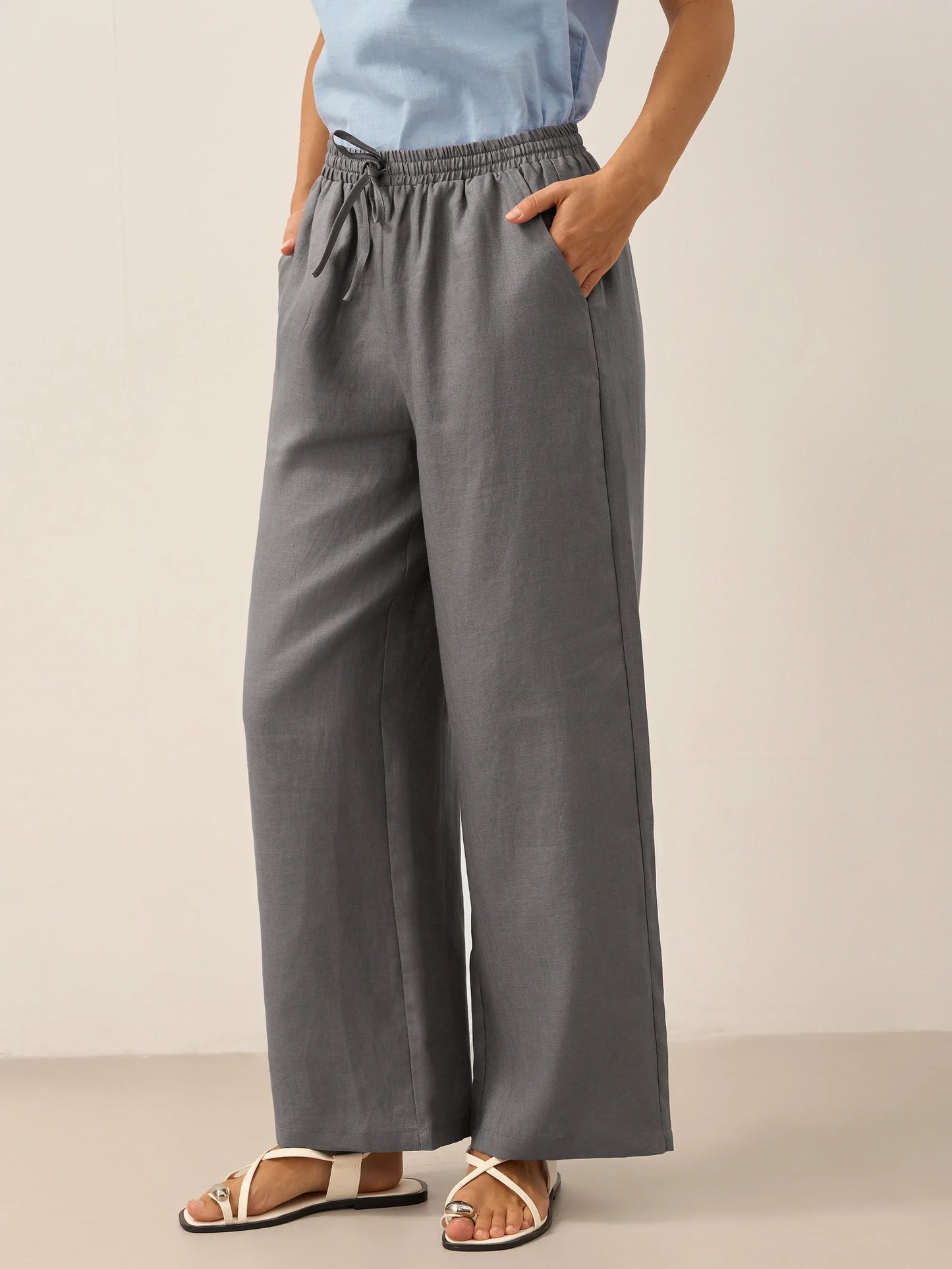 Women 100 Linen Straight Leg Drawstring Pants Casual