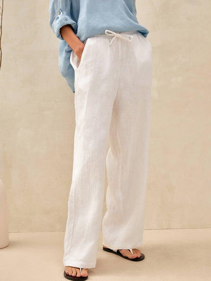 Women 100 Linen Straight Leg Drawstring Pants Casual