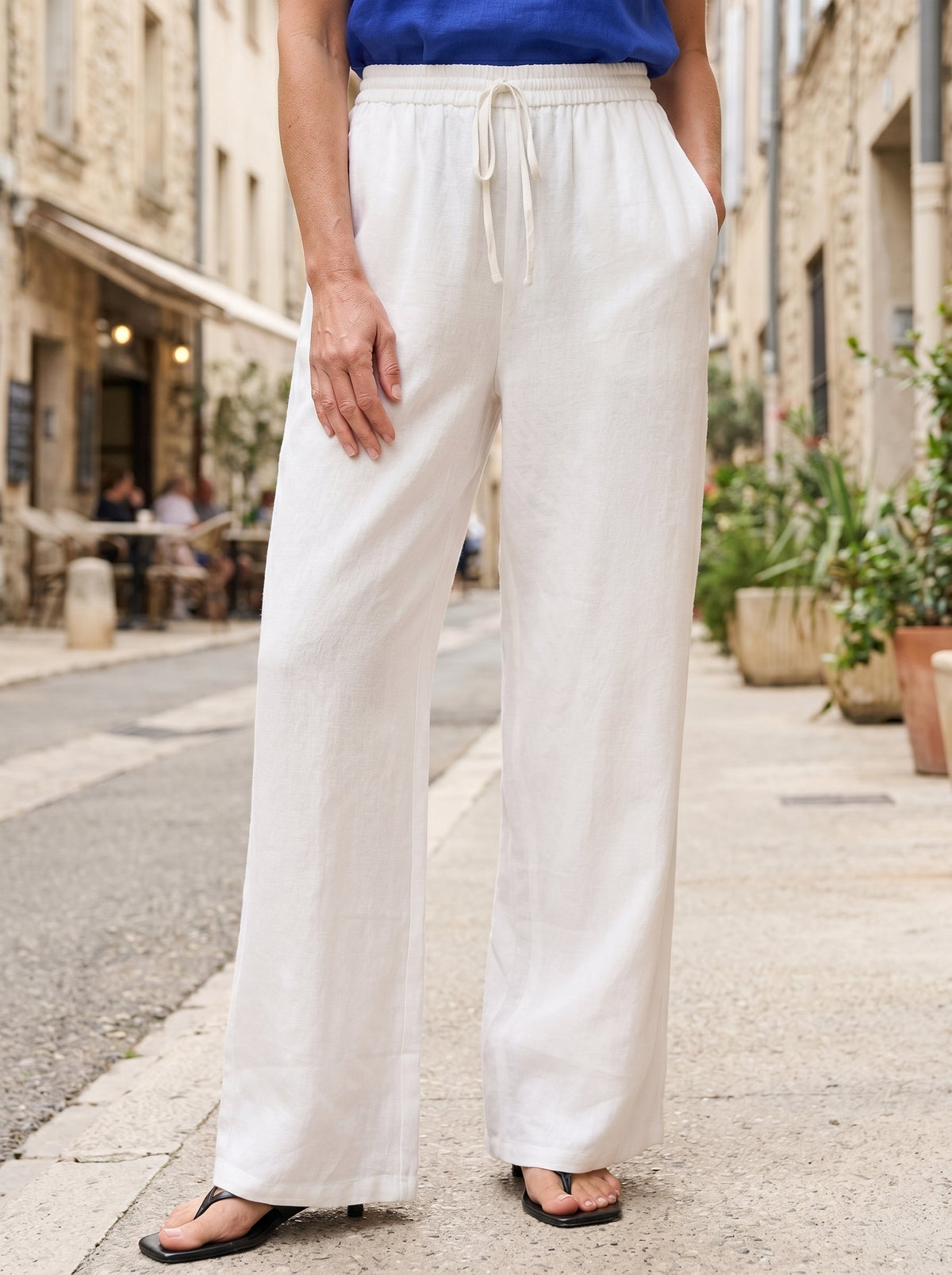 Women 100 Linen Straight Leg Drawstring Pants Casual