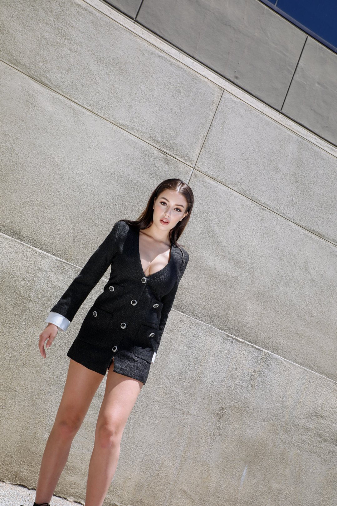 Textured Black Blazer Mini Dress for Women Elegant Chic