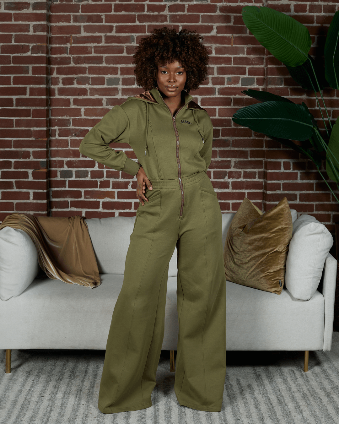 Women Wide Leg Satin Lined Hooded Jumpsuit Green Cotton