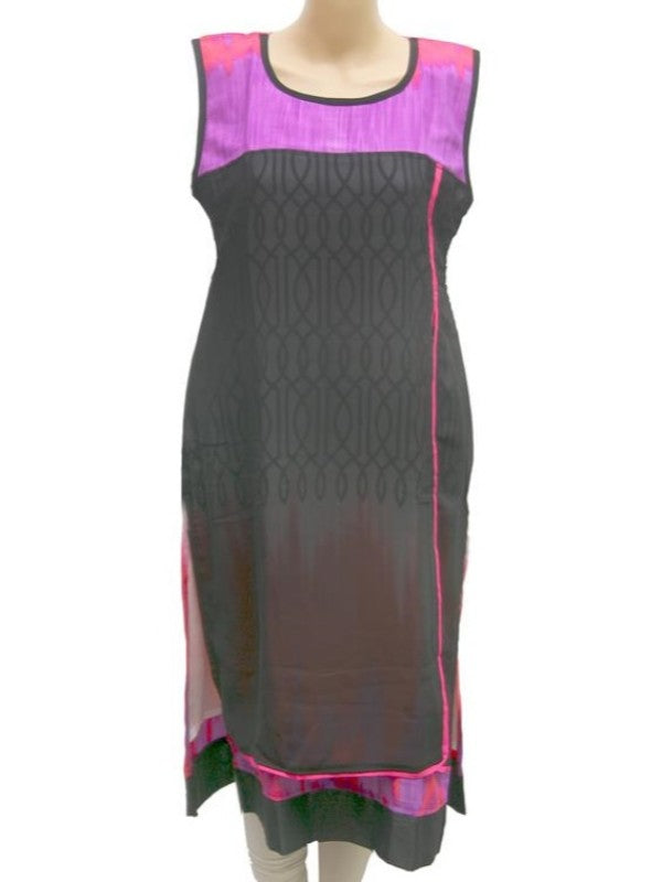Black & Purple Printed Sleeveless Synthetic Kurta for Women
