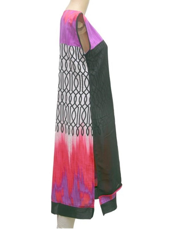 Black & Purple Printed Sleeveless Synthetic Kurta for Women