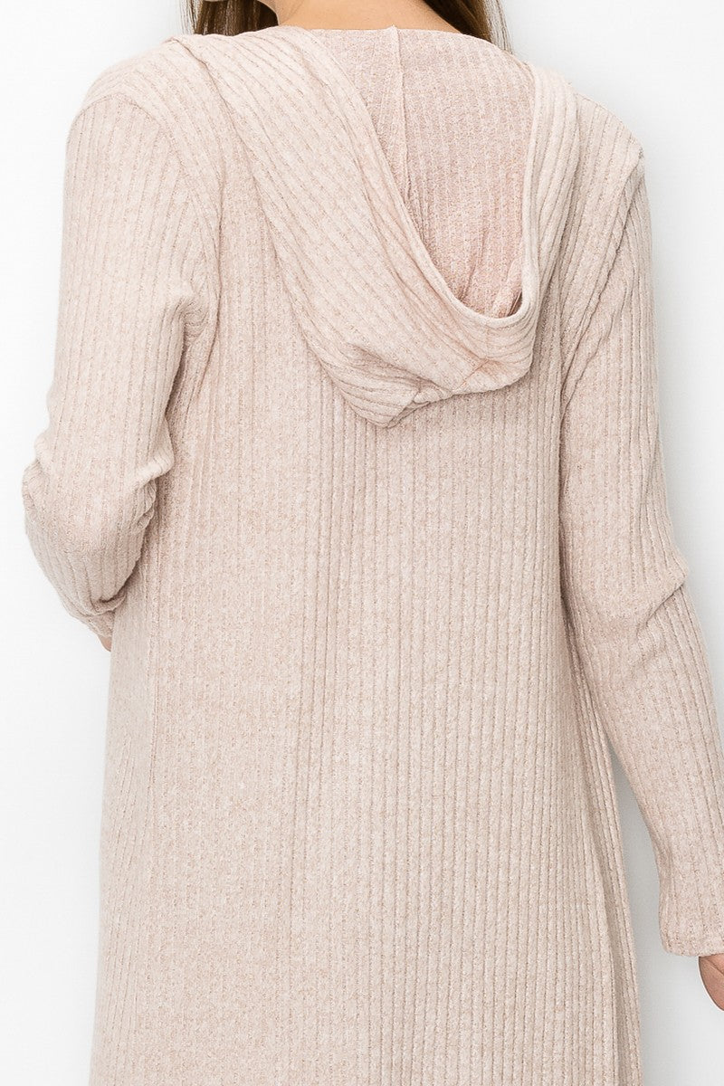 Women's Hooded Long Sleeve Knee Length Cardigan Beige Wear