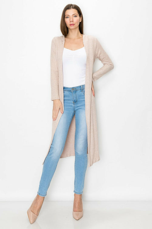 Women's Hooded Long Sleeve Knee Length Cardigan Beige Wear