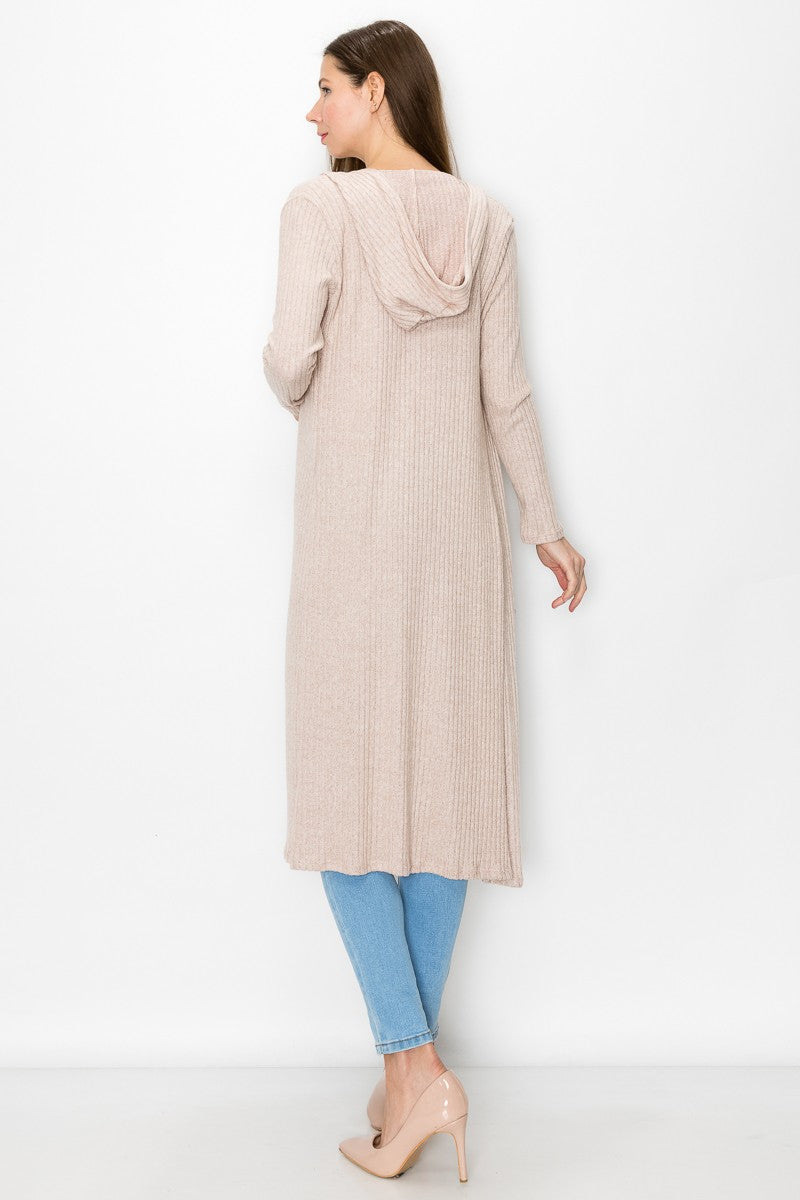 Women's Hooded Long Sleeve Knee Length Cardigan Beige Wear