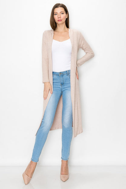 Women's Hooded Long Sleeve Knee Length Cardigan Beige Wear