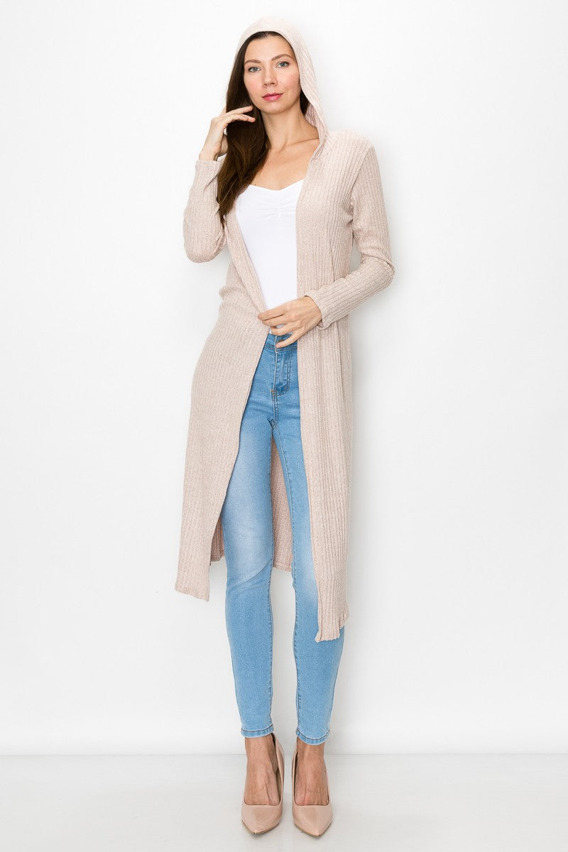 Women's Hooded Long Sleeve Knee Length Cardigan Beige Wear