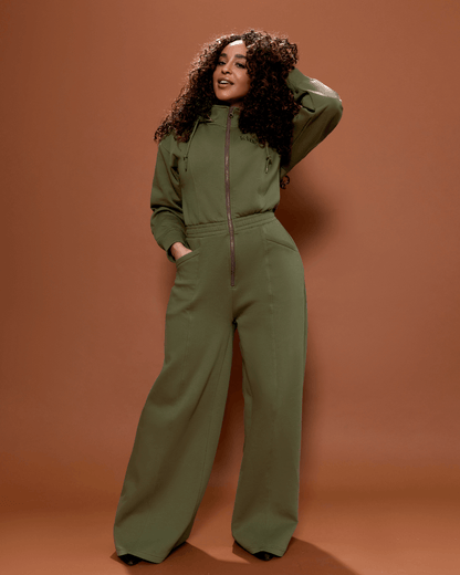 Women Wide Leg Satin Lined Hooded Jumpsuit Green Cotton