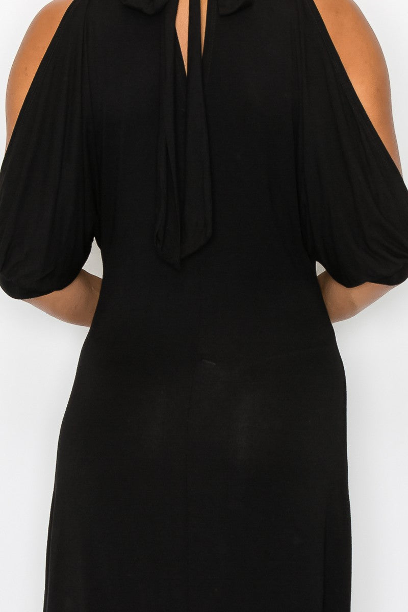 Black Open Shoulder Tie Back Midi Dress for Women Elegant
