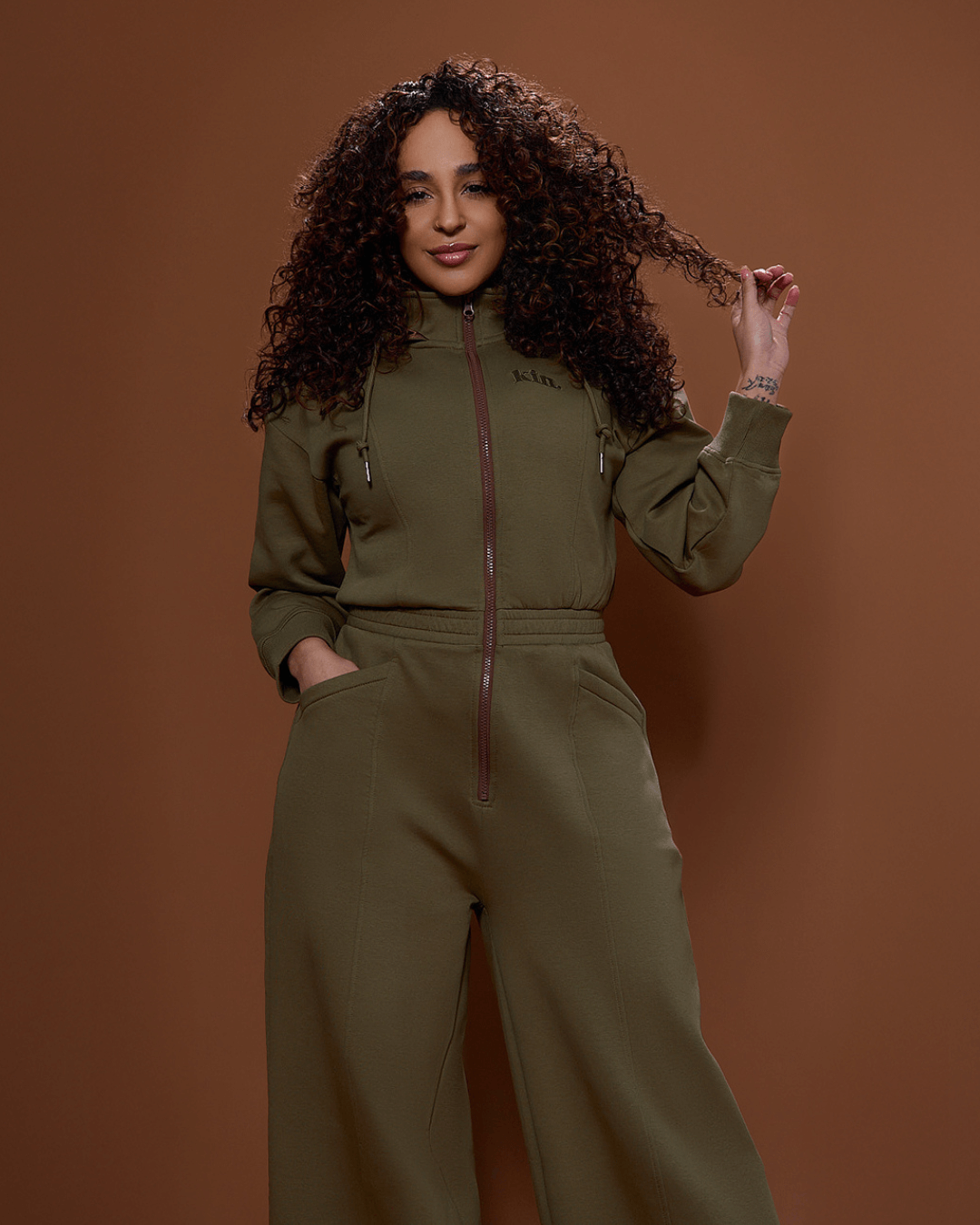 Women Wide Leg Satin Lined Hooded Jumpsuit Green Cotton