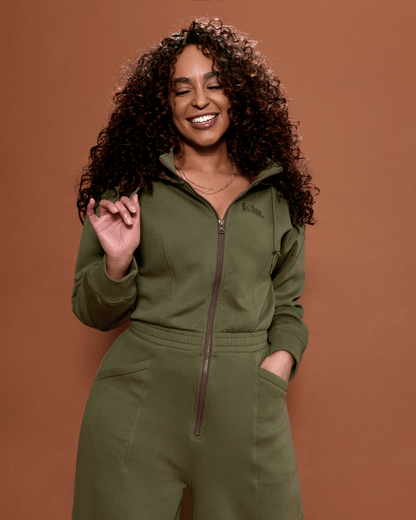 Women Wide Leg Satin Lined Hooded Jumpsuit Green Cotton