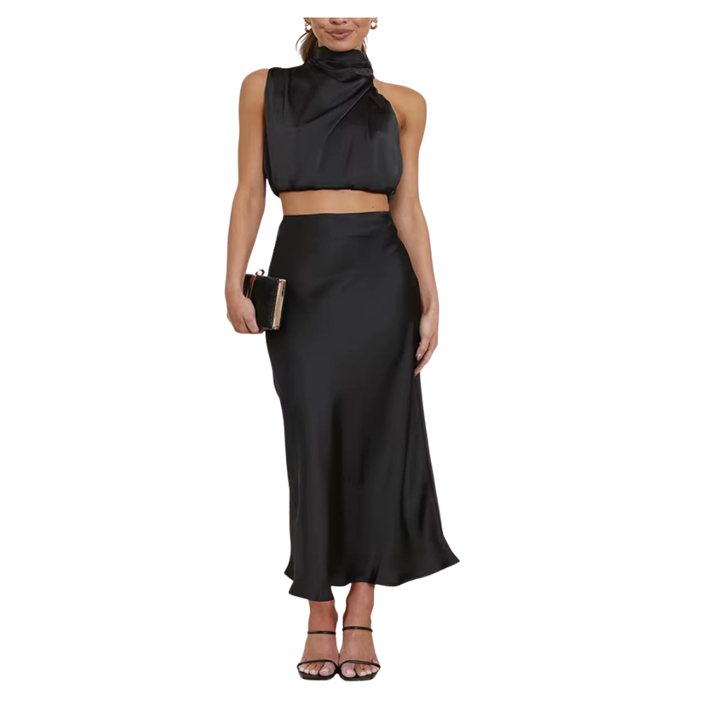 Women Two Piece Sleeveless Top Satin Long Skirt Matching Set