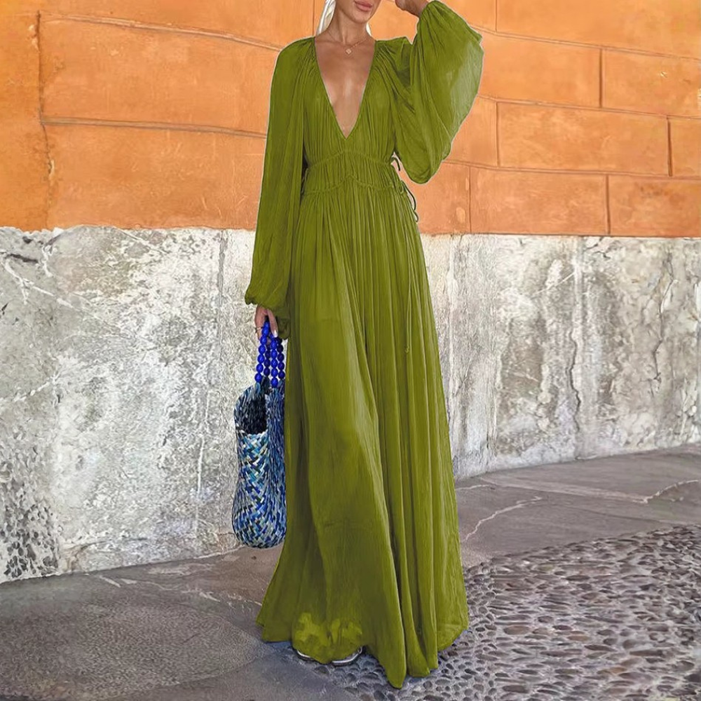 Women Beach Style Long Sleeve Boho Floral Print Maxi Dress