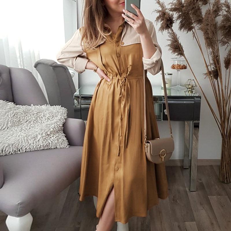 Khaki Long Sleeve Office Midi Dress Women Autumn Elegant
