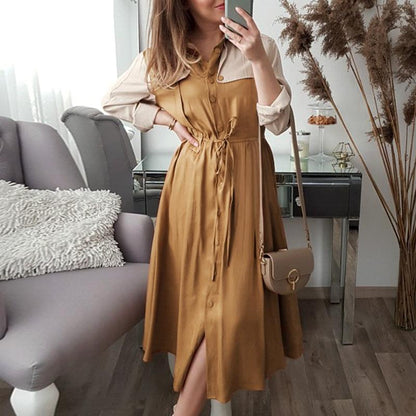 Khaki Long Sleeve Office Midi Dress Women Autumn Elegant