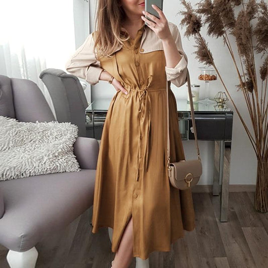 Khaki Long Sleeve Office Midi Dress Women Autumn Elegant