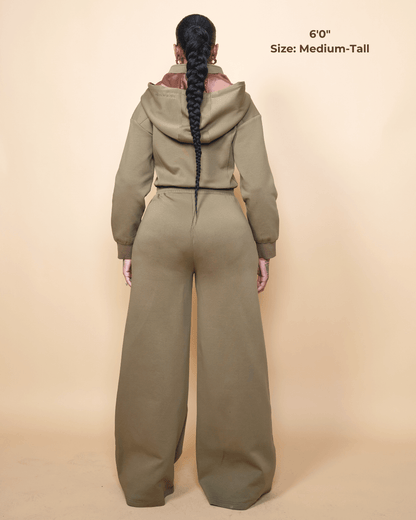Women Wide Leg Satin Lined Hooded Jumpsuit Green Cotton