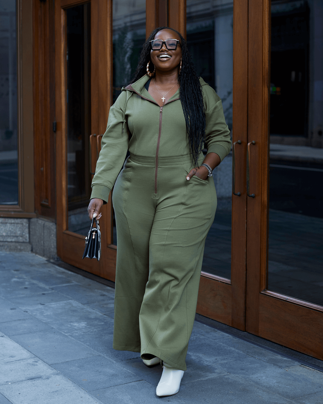 Women Wide Leg Satin Lined Hooded Jumpsuit Green Cotton