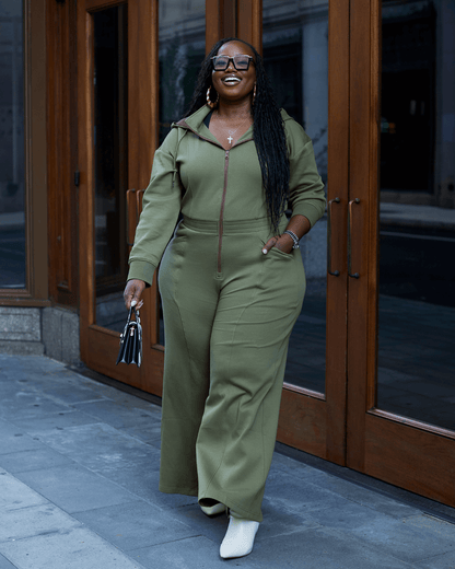 Women Wide Leg Satin Lined Hooded Jumpsuit Green Cotton