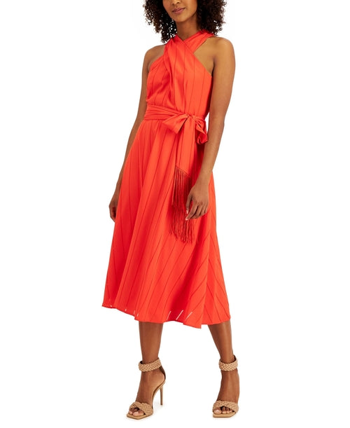 Women's Halter Fringe Tie Georgette Midi Dress Elegant Chic