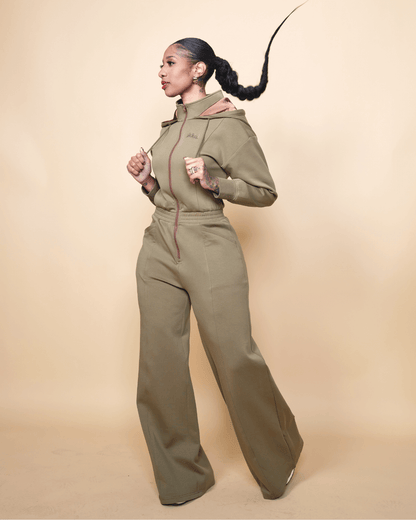 Women Wide Leg Satin Lined Hooded Jumpsuit Green Cotton