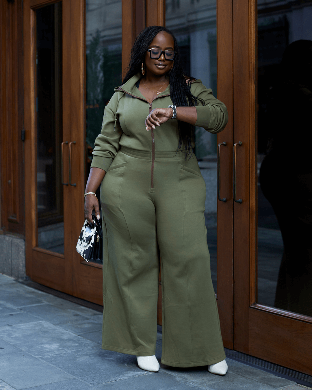 Women Wide Leg Satin Lined Hooded Jumpsuit Green Cotton