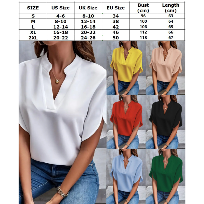 Casual Solid Color V Neck Loose Shirt Short Sleeve Women Top