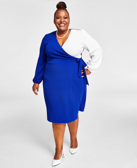 Plus Size Colorblock Surplice Side Tie Midi Dress Women