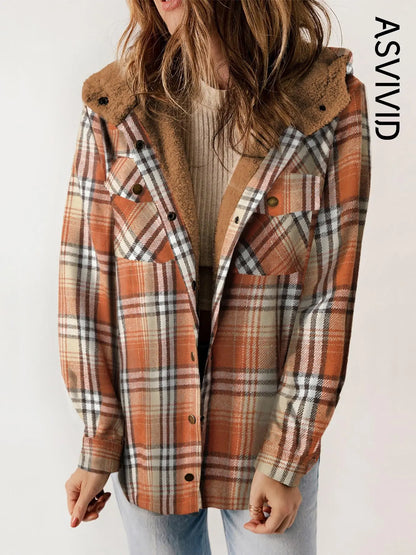 Women Plaid Hooded Casual Outerwear Long Sleeve Jacket Coat