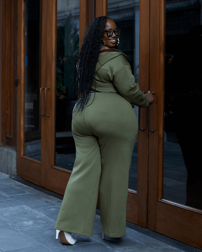 Women Wide Leg Satin Lined Hooded Jumpsuit Green Cotton