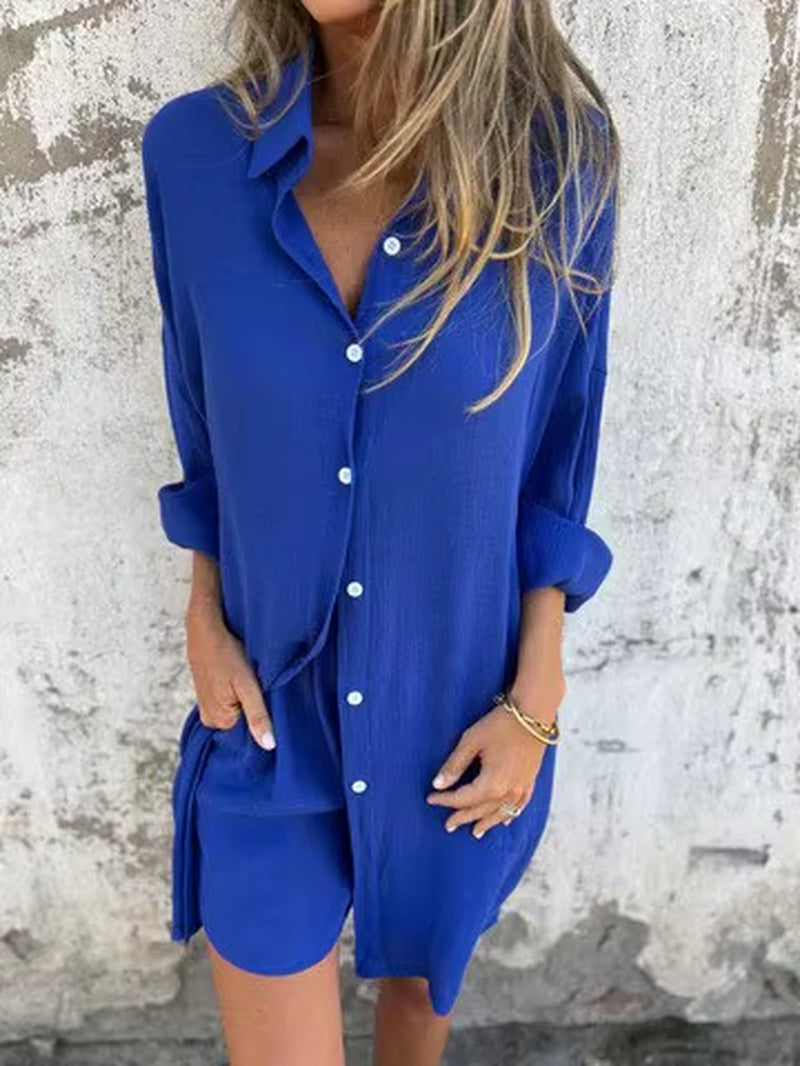 Women Cotton Linen Two Piece Short Sleeve Shirt Shorts Set