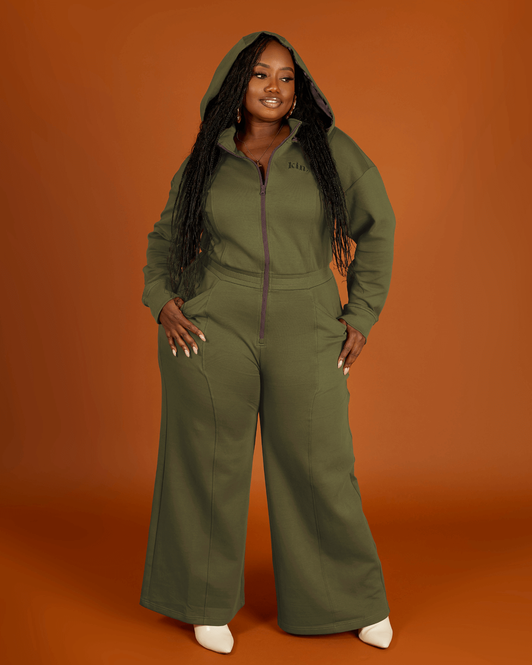Women Wide Leg Satin Lined Hooded Jumpsuit Green Cotton