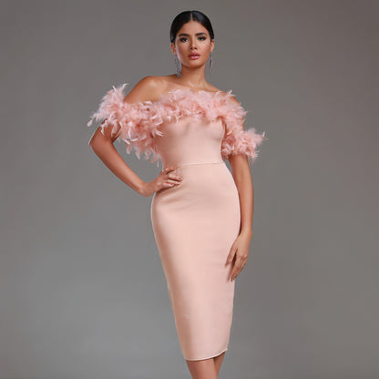 Off-Shoulder Feather Evening Dress for Women Party Wear